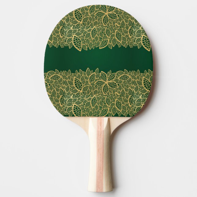Golden leaf lace on green background ping pong paddle (Front)