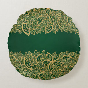 Golden leaf lace on green background round pillow