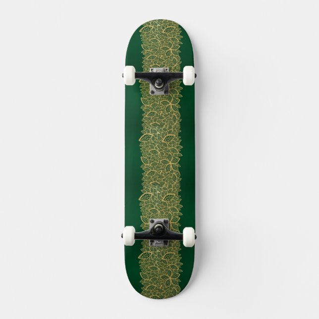 Golden leaf lace on green background skateboard (Front)
