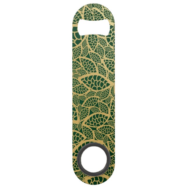 Golden leaf lace on green background speed bottle opener (Front)