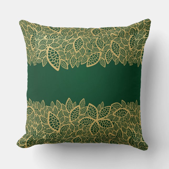 Golden leaf lace on green background throw pillow (Front)