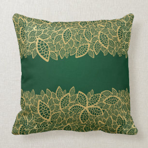 Golden leaf lace on green background throw pillow