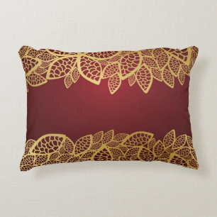 Golden leaf lace on red background accent pillow