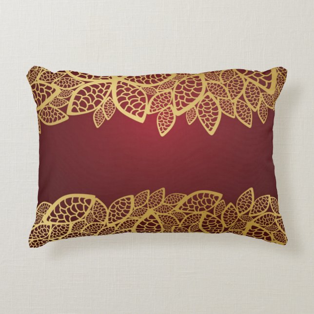 Golden leaf lace on red background accent pillow (Front)