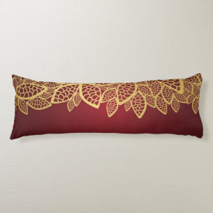 Golden leaf lace on red background body pillow