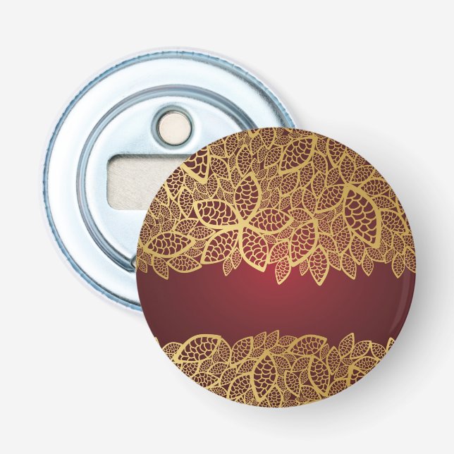Golden leaf lace on red background bottle opener (Front)