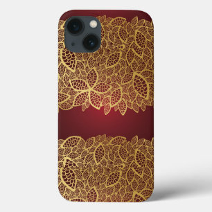Golden leaf lace on red background iPhone 13 case