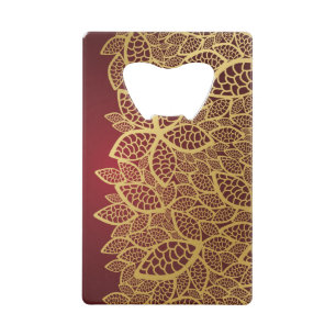 Golden leaf lace on red background credit card bottle opener