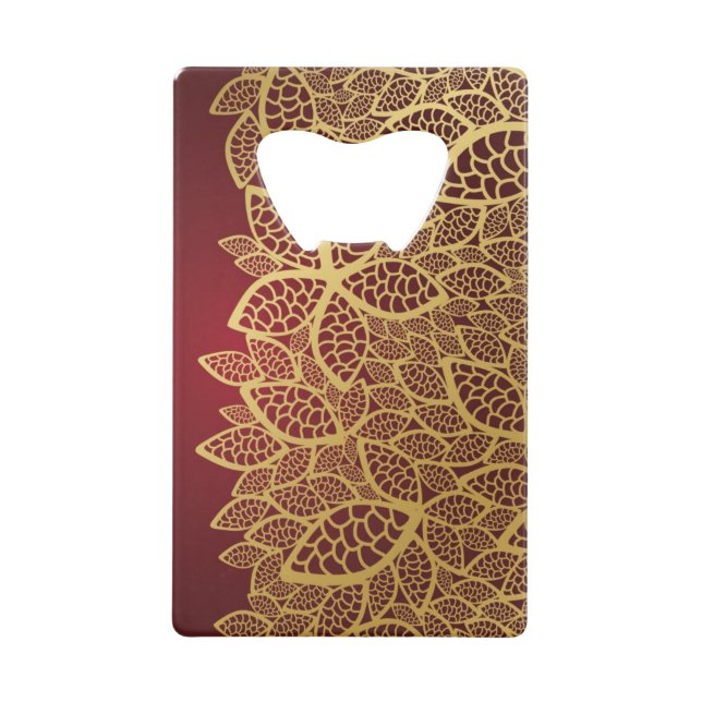 Golden leaf lace on red background credit card bottle opener (Front)
