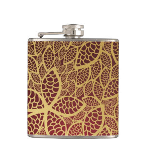 Golden leaf lace on red background hip flask