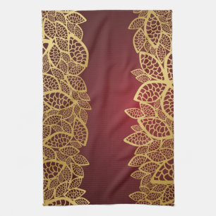 Golden leaf lace on red background kitchen towel
