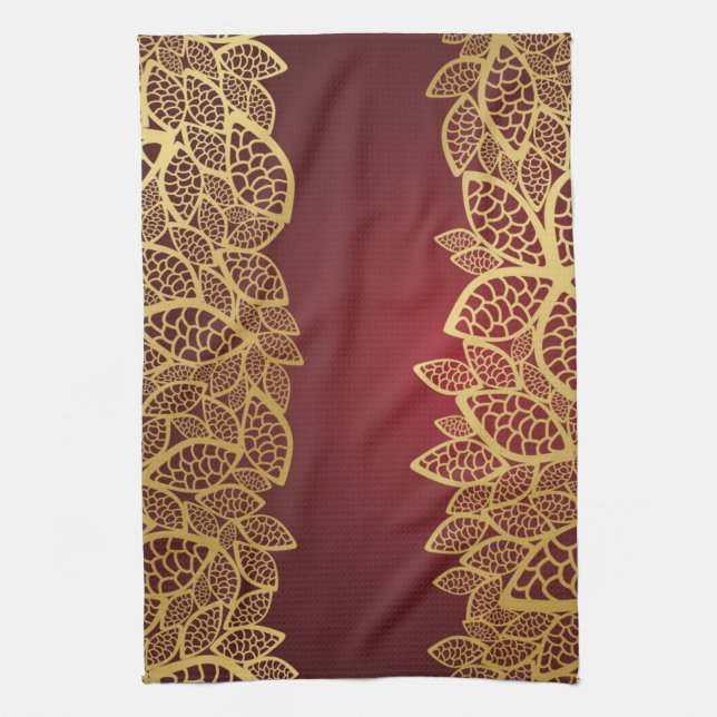 Golden leaf lace on red background kitchen towel (Vertical)