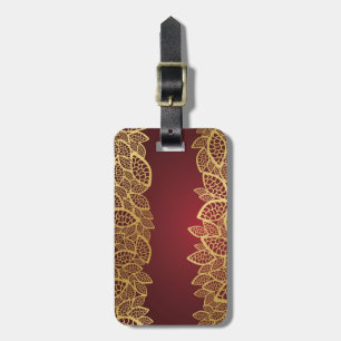 Golden leaf lace on red background luggage tag