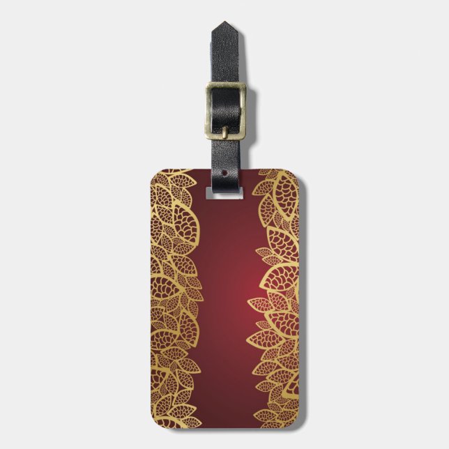 Golden leaf lace on red background luggage tag (Front Vertical)