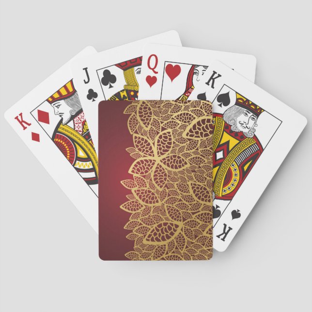 Golden leaf lace on red background playing cards (Back)