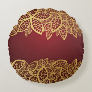 Golden leaf lace on red background round pillow