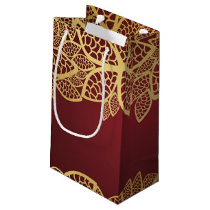 Golden leaf lace on red background small gift bag