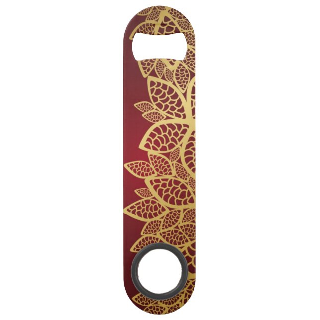 Golden leaf lace on red background speed bottle opener (Front)