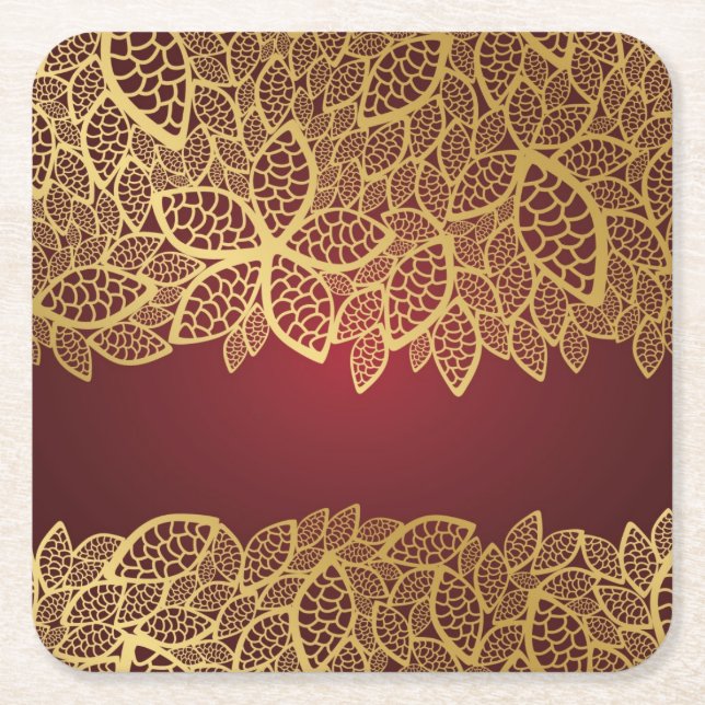 Golden leaf lace on red background square paper coaster (Front)
