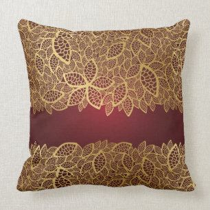 Golden leaf lace on red background throw pillow