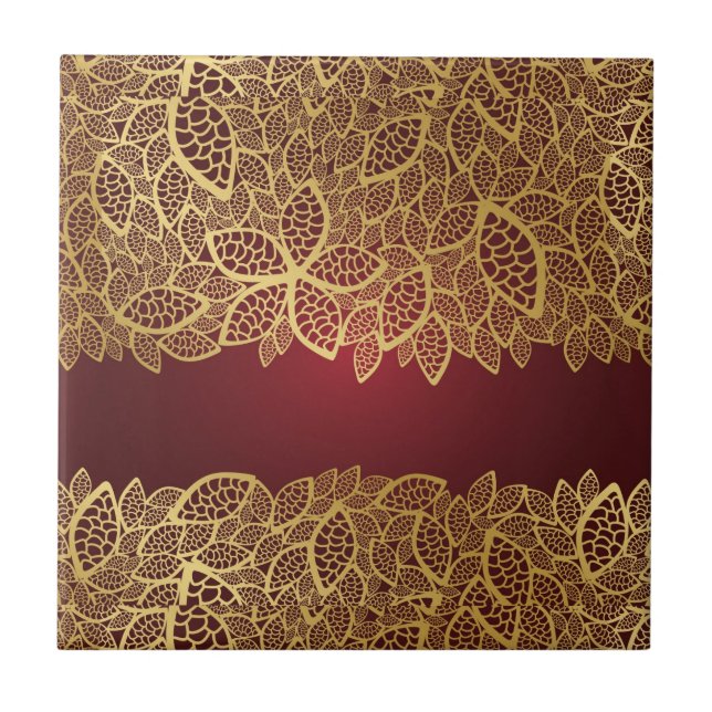 Golden leaf lace on red background tile (Front)