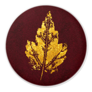Golden Leaf on Burgundy - cabinet knob