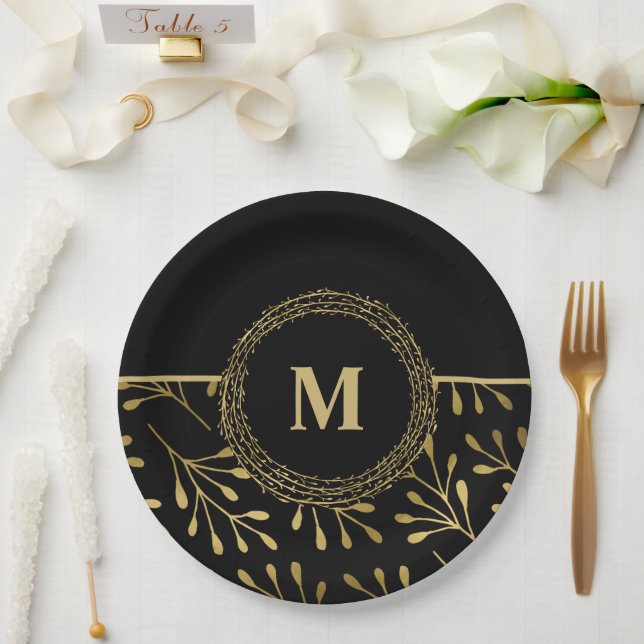 Golden Leaf Pattern Black & Gold Elegant Monogram Paper Plate (Wedding)