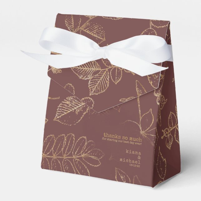 Golden Leaf Pattern Wedding Gold/Burgundy ID655 Favor Box (Front Side)