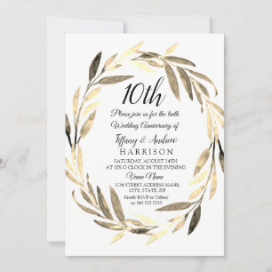 Golden Leaf Wreath 10th Wedding Anniversary Invite