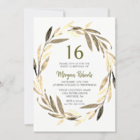 Golden Leaf Wreath 16th Birthday Party Invitation