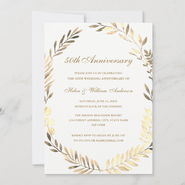 Golden Leaf Wreath 50th Anniversary Card (Front)