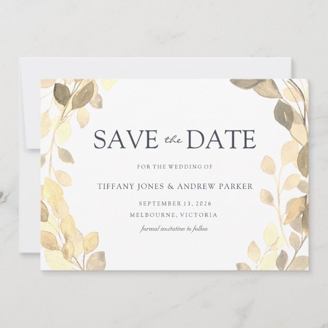 Golden Leaf Wreath Elegant Fall Autumn Wedding Save The Date (Front)