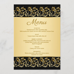 Golden leafy swirls on black Menu Card