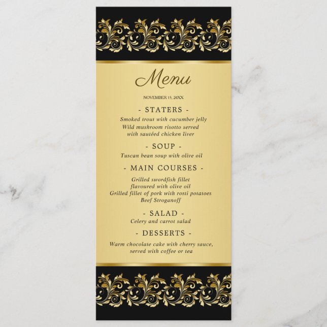 Golden leafy swirls on black Wedding Menu Card (Front)