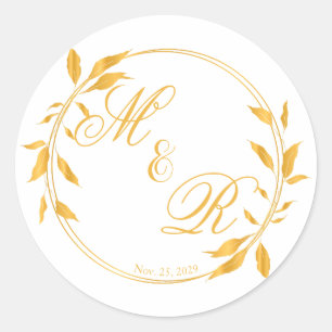 Golden Leafy Wreath Monogrammed Wedding Favour Classic Round Sticker