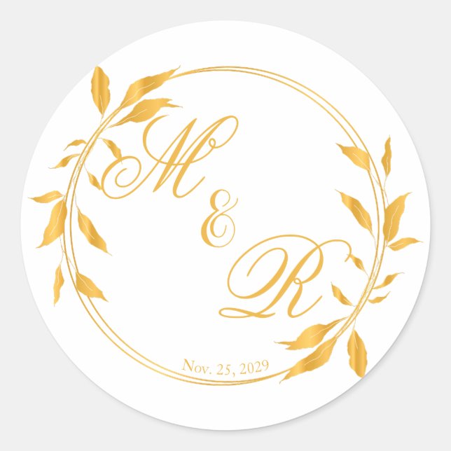 Golden Leafy Wreath Monogrammed Wedding Favour Classic Round Sticker (Front)