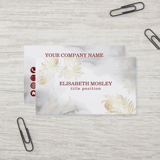 Golden Leaves and Flowers Business Card (Front/Back In Situ)