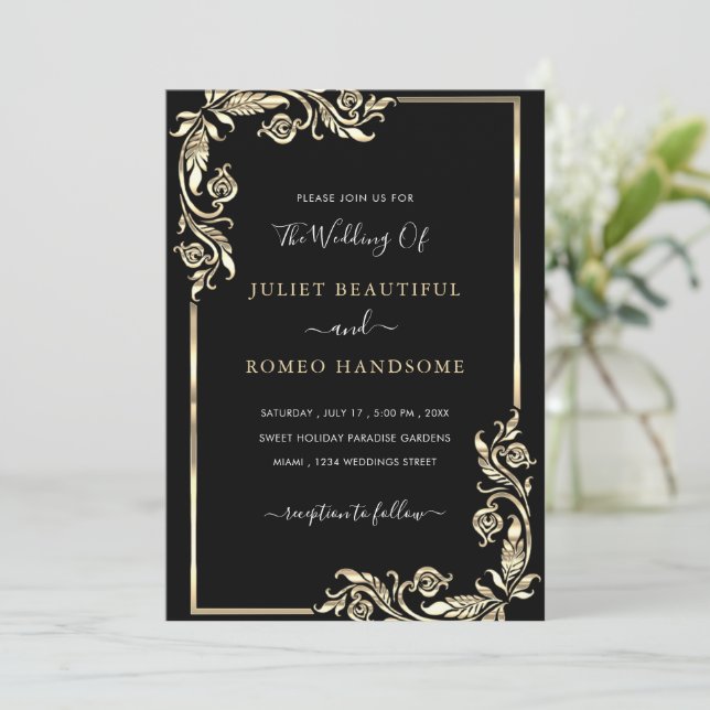 Golden Leaves Black Gold Wedding Invitation (Standing Front)