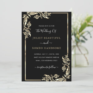 Golden Leaves Black Gold Wedding Invitation