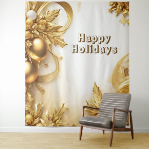 Golden Leaves Christmas Holiday Backdrop Tapestry