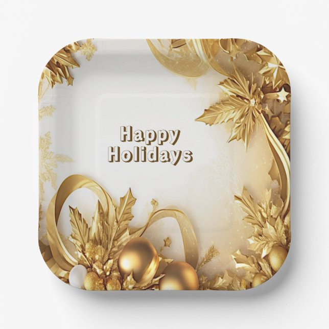 Golden Leaves Christmas Holiday Paper Plate (Front)