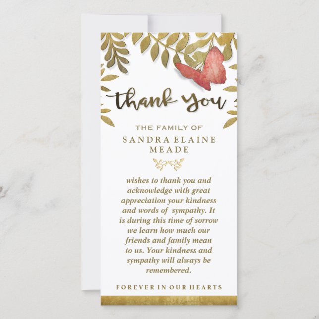 Golden Leaves Floral Butterfly Thank You Sympathy (Front)