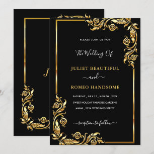 Golden Leaves Frame Black Gold Wedding Invitations