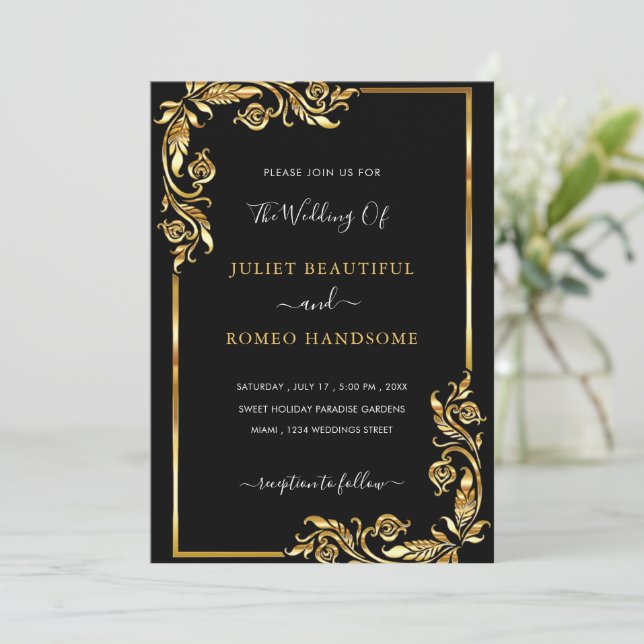 Golden Leaves Framed Black Gold Wedding Invitation (Standing Front)