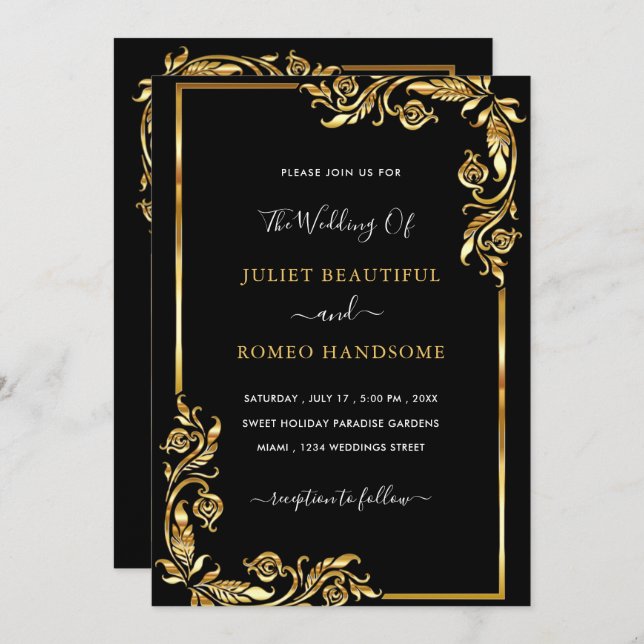 Golden Leaves Framed Wedding Invitation Black Gold (Front/Back)