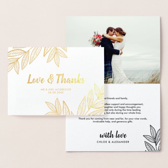Golden Leaves Love & Thanks Wedding Photo Foil Card (Display)
