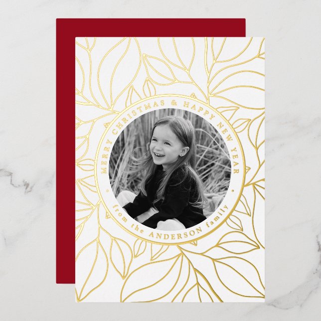Golden Leaves Photo Foil Holiday Card (Front/Back)