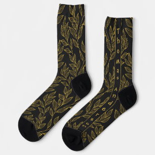 Golden Leaves, Vertical Name on Black Socks