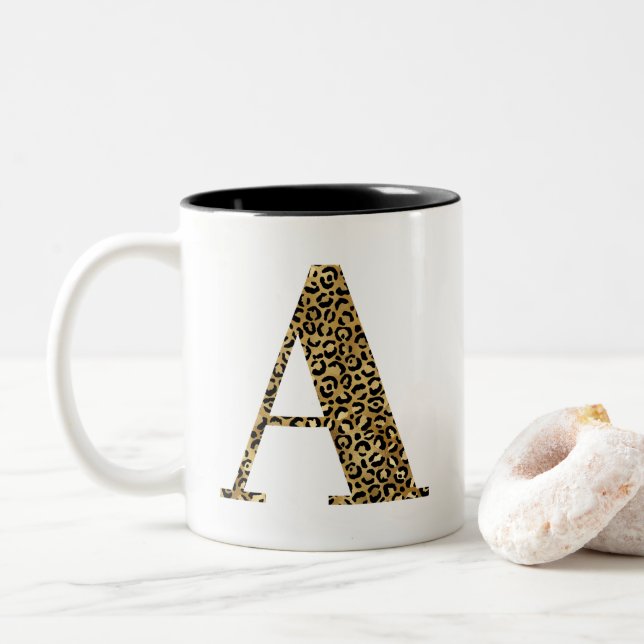 Golden Leopard Glam Monogram A Two-Tone Coffee Mug (With Donut)
