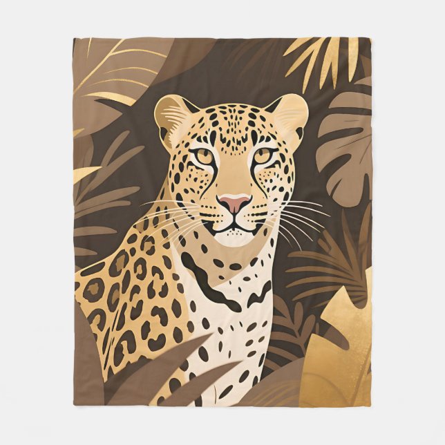 Golden Leopard Jungle Boho Wildlife  Fleece Blanket (Front)